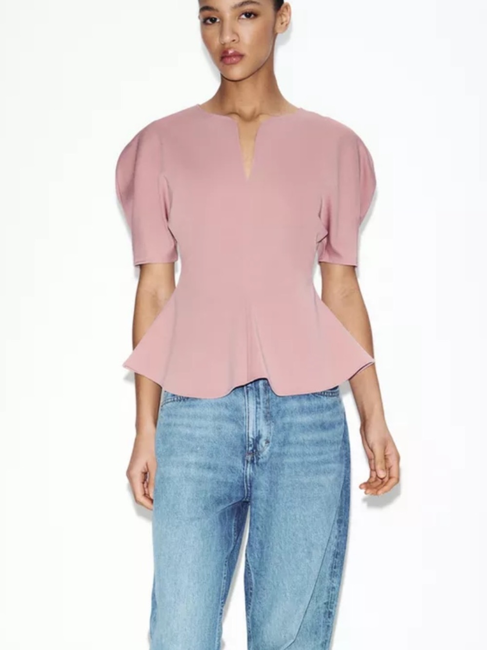 ZARA Women’s soft pink peplum top with short puff sleeves size Medium
